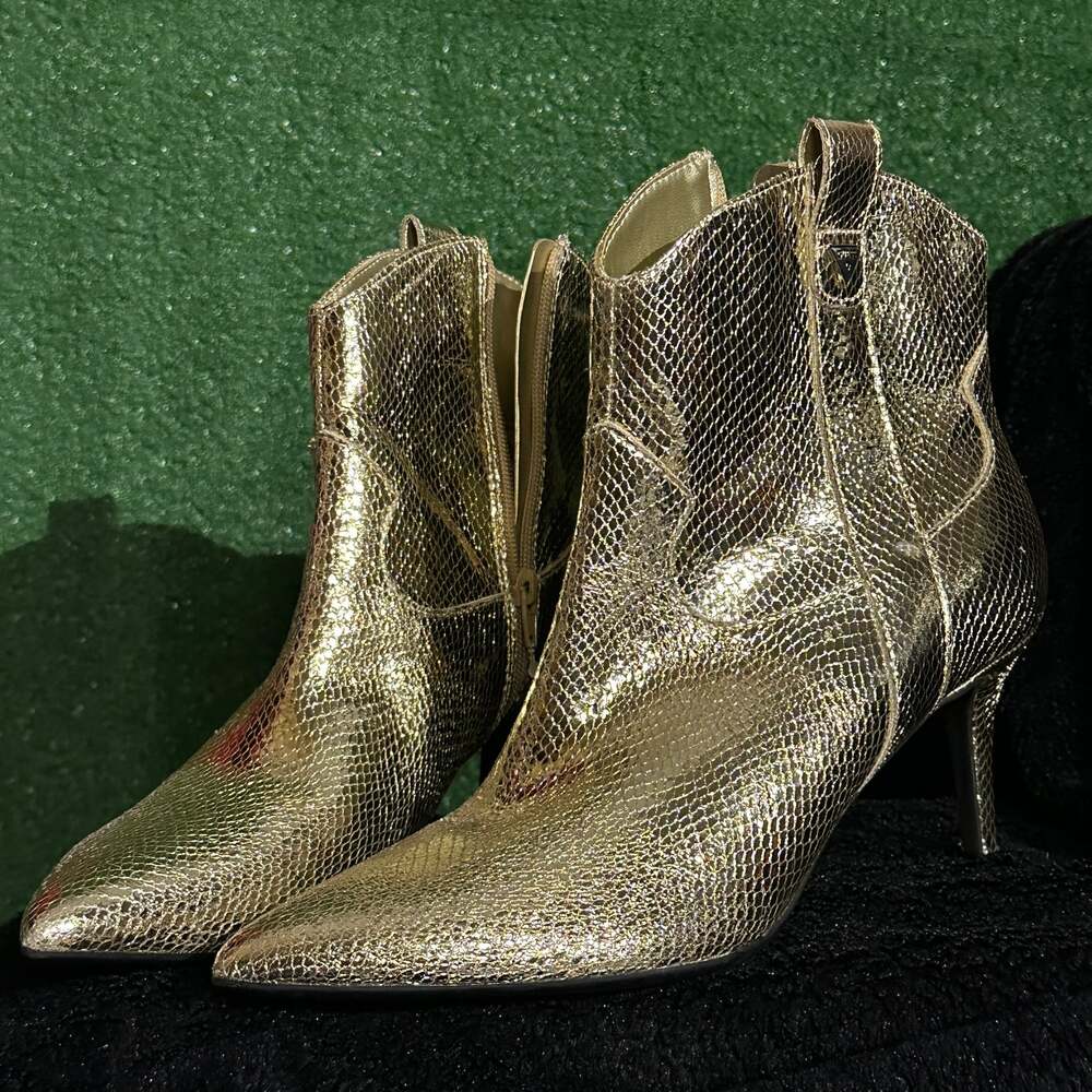 (NWOT) Guess Metallic Gold Snake Print Pointed Toe Stiletto Ankle Boots